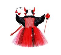 iiniim Disfraz Diablesa Niña Vestido Tutu de Diablo Rojo con Cuernos de Diabla y Pajarita, Ala Emplumada, Cola y Tridente para Fiestas Temáticas 2-12 Años Rojo 6-7 años