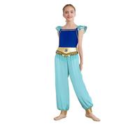 iiniim Disfraz Princesa del Desierto para Niña Mono de Árabe Indio con Lentejuelas Mono Gimnasia de sin Mangas Pantalones Bombachos para Danza Aladina 5-16 Años Azul 13-14 años