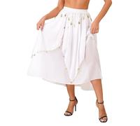 iiniim Falda Danza del Vientre con Borla Lentejuelas Brillante Mujer Falda Larga Gasa Irregular para Adulto Ropa de Rendimiento Cintura Alta Fiesta Actuación A Blanco A Talla única