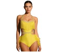 iiniim Maillot Baile Salon de Latino para Mujer con Flecos y Plumas y Brillantes Vestido para Bailar Salsa Samba Rumba Cha Cha Competición Amarillo M