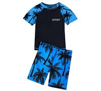iiniim Niño Traje de Baño de Dos Pieza Camiseta Manga Corta + Pantalón Corto ara Playa Piscina Niños Ropa de Natación Bañadores para Niño con Sombrero Protección Solar UV D Azul 14-16 años