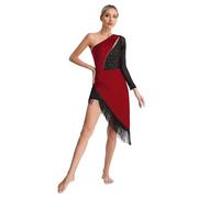 iiniim Vestido de Baile Latino con Flecos Borlas Mujer Vintage Vestido de Danza Rumba Tango Salsa Samba Manga Larga Traje de Baile de Salón D Borgoña XL