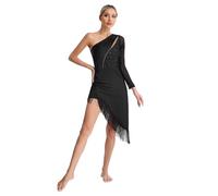 iiniim Vestido de Baile Latino con Flecos Borlas Mujer Vintage Vestido de Danza Rumba Tango Salsa Samba Manga Larga Traje de Baile de Salón D Negro XL