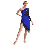 iiniim Vestido de Baile Latino con Flecos Borlas Mujer Vintage Vestido de Danza Rumba Tango Salsa Samba Manga Larga Traje de Baile de Salón D Azul XL