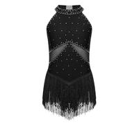 iiniim Vestido de Patinaje Artístico sobre Hielo para Niña Maillot Baile Latino con Flecos y Brillante Diamante Malla Empalme sin Mangas Vestido de Baile Salsa Negro A 13-14 años