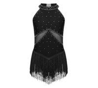 iiniim Vestido de Patinaje sobre Hielo para Niñas Maillot Baile Latino con Flecos y Brillante Pedrería Leotardo Gimnasia sin Mangas Vestido de Baile Salsa Cha Cha Negro A 7-8 años