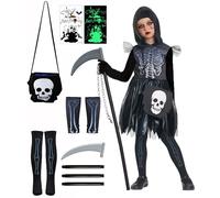 IKALI Disfraz de muerte de Halloween para niña, disfraz de esqueleto con pegatinas, bolsillos, calcetines, protección de brazos, hoces, 7-8 años