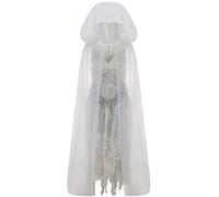IKALI Disfraz de novia fantasma de Halloween para mujer, disfraz de bruja zombi, vestido blanco, capa larga con capucha, cadena de plástico