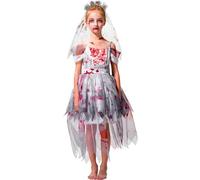 IKALI Disfraz de novia zombi para niñas, 2 piezas de vestido sangriento para niños, disfraz de cadáver de Halloween, ropa de 8 a 10 años