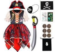 IKALI Disfraz de pirata para niñas, 8 piezas, disfraz de capitán del Caribe con sombrero, traje de bucanero para niños, para el Día Mundial del Libro, Halloween, 4-6 años
