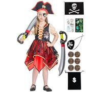 IKALI Disfraz de pirata para niñas, disfraz de capitán para niños, disfraz de pirata para Halloween, fiesta del Día Mundial del Libro, juego de 15 piezas de 4 a 6 años