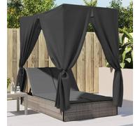 IKAYAA Cama Exterior Jardin con Techo y Cortinas, Cama Balinesa, Tumbona Doble, Cama Jardin Exterior, Muebles de Exterior para 2 Personas, para Patio, Piscina, Gris