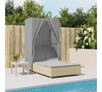 IKAYAA Cama Exterior Jardin con Techo y Cortinas, Cama Balinesa, Tumbona Doble Regulable y Respaldo Reclinable, Cama Jardin Exterior, Tumbonas Dobles, Beige y Gris