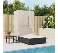 IKAYAA cama Exterior Jardín con Techo y Cortinas, Cama Balinesa, Tumbonas Dobles Regulables y Reclinables, Tumbonas de Jardín, Negro