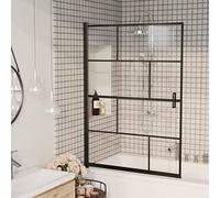 IKAYAA Mamparas de Bañera 100 x 140 cm Biombo de Baño Mampara Bañera Abatible de Vidrio Templado Negro