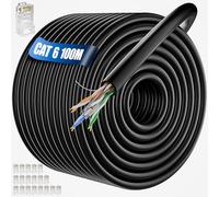 ikbc Cable Ethernet 100 Metros, Exterior Bulk Cable de Red 100m Largo 23AWG | Cat 6 Cable Internet Alta Velocidad 250MHz, Impermeable Cable LAN UTP CCA Negro Gigabit Patch Cable a Granel para Router PC