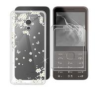 Ikiiqii Funda para Nokia 235 4G 2024 (2.80") Teléfono + Cristal Templado(2 Piezas), Capa Antigolpes Silicona a Prueba de Caídas Funda Móvil para Protectora TPU Suave - Flores Blancas