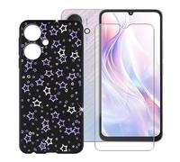 Ikiiqii Funda para Redmi 13C 5G (6.74") Carcasa Tapa Case Black Suave Silicona TPU Caso Piel +9H Dureza Vidrio Templado Film Protector Pantalla - Lleno de Estrellas