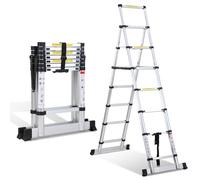 Ikodm 2,0M+2,3M Escalera telescópica 6 + 7 peldaños Escalera plegable con estructura de marco Carga máxima 150 KG/330 libras, Escalera extensible de aluminio para reparaciones en el techo, dimensión