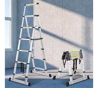 Ikodm Escalera telescópica plegable de aluminio de 1,7m+2,0m, marco A, 5+6 peldaños, escalera extensible para reparaciones de techo, tamaño plegado 65 cm, capacidad de carga de 150 kg (GOL-9071-M1c)