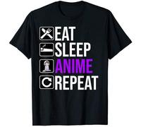 IKOKO Graphic Anime Lover Funny Gift Eat Sleep Anime Repeat Unisex 100% Cotton Short-Sleeve T-Shirts Black XXL