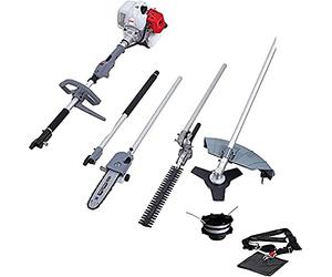 IKRA 73046710 Herramienta multifunción a Gasolina IBKH 33, 4en1: cortabordes, desbrozadora, Cortasetos telescópico y podadora de Altura, 900 W, Gris, Rojo y Negro