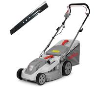 IKRA cortacésped eléctrico IERM 1638-1, 1600W, 38cm, Cuchillas de Repuesto | Manillar regulable, altura de corte de 30-75mm, bolsa de colectora de 42 l, cuchilla de metal endurecido, manillar abatible