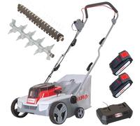 IKRA escarificador y aireador a batería 3 en 1 IAVL 2-2032, Ancho 32 cm | Incluye 2 baterías de 20 V y 2 Ah y cargador rápido, cesta de recogida de 30 l, +3 a -9 mm, gama de baterías de 20 V de IKRA