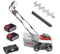 IKRA escarificador y aireador a batería 3 en 1 IAVL 2-2040, ancho 40 cm | Incluye 2 baterías de 20 V y 4 Ah y cargador rápido, cesta de recogida de 40 l, +3 a -12 mm, gama de baterías de 20V de IKRA