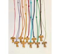 IL SOLE Tau 50 piezas de madera de olivo con cordón de colores, cruz de San Francisco de Asís de 2,2 centímetros con 3 nudos franciscanos con 1 certificado de calidad material fabricado cerca de Asís