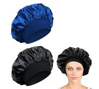 iLamvie 2 Piezas Gorro De Seda,Gorro De Seda Para Dormir Para Pelo Rizado Con Banda Ancha Elástica Para Mujeres Y Niñas, Gorro De Saten Para Dormir Pelo Rizado(Negro+Azul)