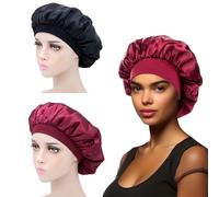 iLamvie 2 Piezas Gorro De Seda,Gorro De Seda Para Dormir Para Pelo Rizado Con Banda Ancha Elástica Para Mujeres Y Niñas, Gorro De Saten Para Dormir Pelo Rizado(Negro+Rojo)