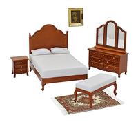 iLAND Muebles para casa de muñecas en miniatura a escala 1:12, vintage, artesanías, casa de muñecas de nogal, juego de dormitorio con alfombra tejida, 6 piezas, regalos románticos (color nogal