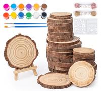 ilauke 60pcs Rodajas de Madera Múltiples Dimensiones,Rebanadas Redondas de Madera Natural con 10M Cuerda de Cáñamo+10M Cuerda de Algodón+2 Pequeños Caballetes+Pintura Modelo+Pigmentos para Bricolaje
