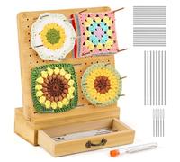 ilauke Granny Square - Tensor de madera de 20 x 20 cm para cuadrados, con 24 pasadores de acero inoxidable y 5 agujas, 1 cajón extensible para proyectos de punto y ganchillo
