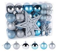 ilauke Juego de 70 Bolas Decorativas para árbol de Navidad, Bolas de plástico para árbol de Navidad, Color Azul con árbol de Navidad, decoración para Fiestas o para el hogar
