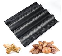 ilauke Perforada Francés Pan Negro,Baguette Bandeja,Bandeja de Baguette con Revestimiento Antiadherente,Acero Carbono Perforado Molde para hornear para Colocar y Hornear 4 Baguettes Francesas(37,8cm)