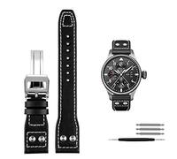 ILAZI Banda de reloj de los remaches de cuero genuino para IWC Big piloto Spitfire Cow Cowide Pleging Buckle Watch Men Strap 21 mm 22 mm(Black silver clasp,21mm)