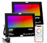 iLC Foco LED RGB de Colores 30W, cambio de color RGBW equivalente a 300W, 16 millones de color, temporización, 2700K blanco cálido, IP66 a prueba de agua (Paquete de 2)