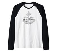Île Saint-Louis Paris Francia Ornate Flor de lis Negro Impresión Camiseta Manga Raglan