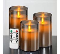 ILEEDear Velas LED Vidrio, Velas led efecto llama, Pack de 3 Velas Electricas de cera de verdad con Mando a Distancia y Temporizador Velas Decorativas de pilas para Decoración, Bodas, Navidad (Gris)