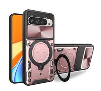 ILING Funda para Google Pixel 10 / Google Pixel 10 Pro, Textura de Metal Dura Mate PC Carcasa, Silicona TPU Bumper Antigolpes Cubierta con Anillo Soporte y Tapa Cámara Deslizante (Oro Rosa)