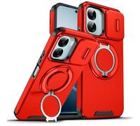 ILING Funda para OPPO A6X 5G/4G/ OPPO A6K, Textura Mate Militar Antigolpes Dura PC Carcasa, Silicona TPU Bumper Cubierta con Magnético Anillo Soporte y Tapa Cámara Deslizante (Rojo)