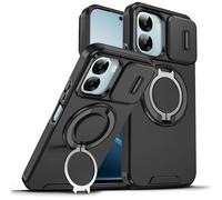 ILING Funda para OPPO A6X 5G/4G/ OPPO A6K, Textura Mate Militar Antigolpes Dura PC Carcasa, Silicona TPU Bumper Cubierta con Magnético Anillo Soporte y Tapa Cámara Deslizante (Negro)