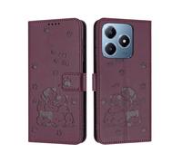ILING Funda para Realme C63/Realme C61/Realme Note 60/Realme Note 60X, Lindo Gatito Antigolpes Flip Billetera Carcasa, Cubierta de Cuero PU con Bloqueo RFID/Ranura para Tarjeta (Vino Rojo)
