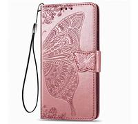 ILING Funda para Samsung Galaxy A12/M12, Estuche Serie Flower Butterfly de Cuero PU [Porta Tarjetas][Soporte Plegable][Cierre Magnético] Carcasa Anti-caída Protectora de Estilo (Oro Rosa)