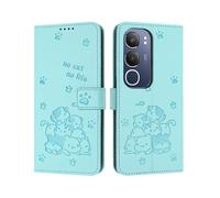 ILING Funda para Vivo Y19s, Lindo Gatito Ultradelgado Antigolpes Flip Billetera Carcasa, Cubierta de Cuero PU con Bloqueo RFID/Soporte/Ranura para Tarjeta (Verde Claro)