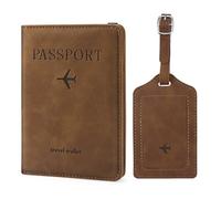 ILIYAH Funda para pasaporte de piel sintética con bloqueo RFID, funda tipo cartera de viaje con ranura para tarjetas y correa elástica para pasaporte, Juego marrón, Casual