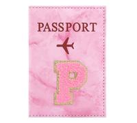 ILIYAH Soporte personalizado para pasaporte con inicial - Letra de chenilla de mármol rosa, funda impermeable de piel sintética para pasaporte, bonito regalo de viaje para mujeres y niñas, esencial