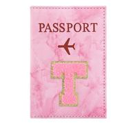 ILIYAH Soporte personalizado para pasaporte con inicial - Letra de chenilla de mármol rosa, funda impermeable de piel sintética para pasaporte, bonito regalo de viaje para mujeres y niñas, esencial